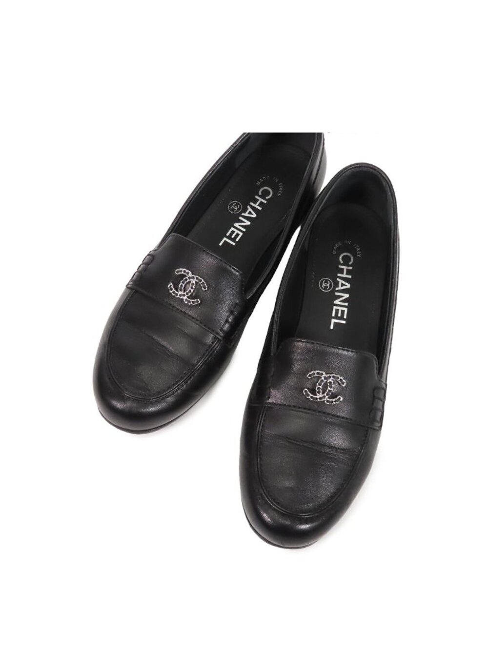 Chanel Loafers Black Silver Leather Moccasins Chain CC Logo Shoes